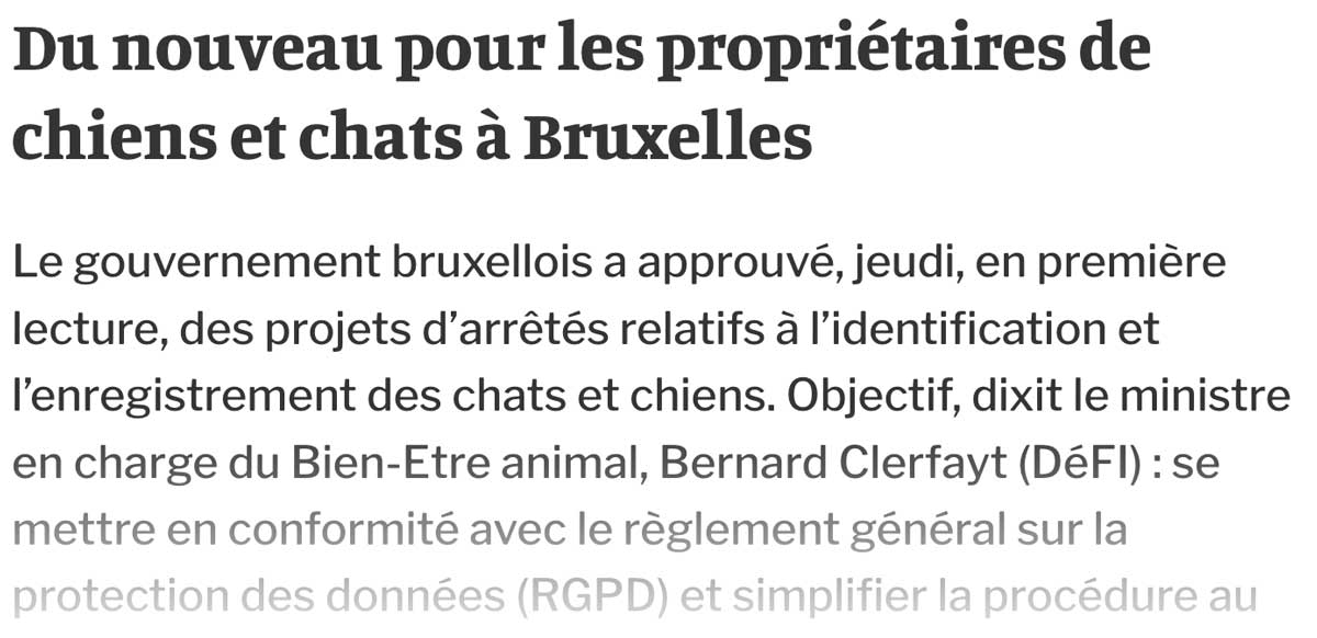 Extrait de presse, La Libre : "Du nouveau pour les propriétaires de chiens et chats".