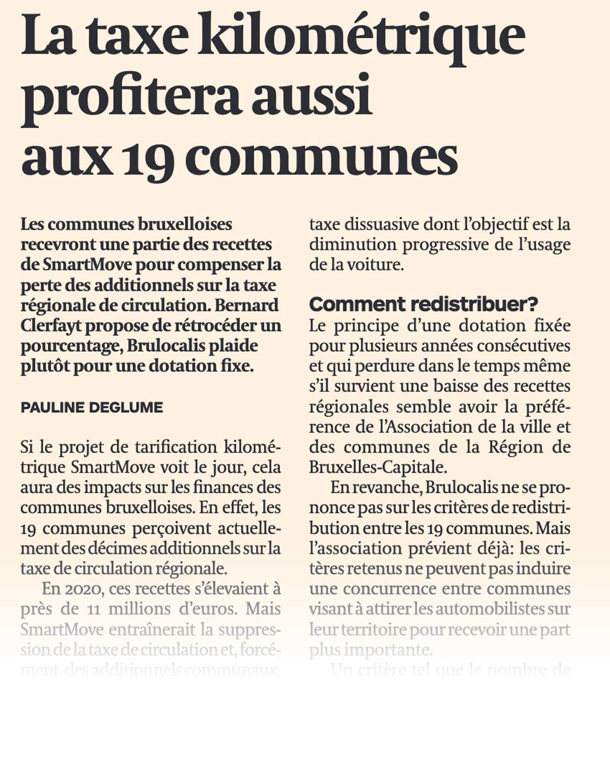 La taxe kilométrique profitera aussi aux 19 communes