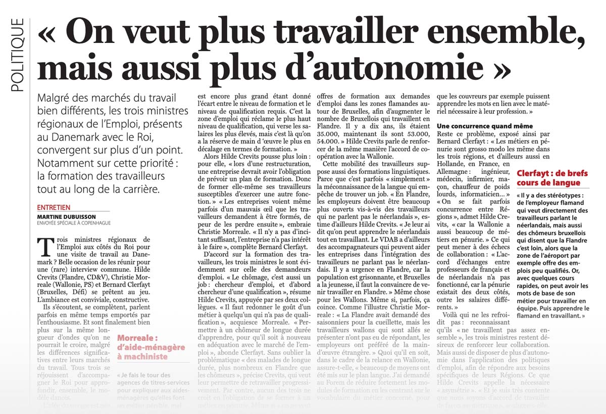 Extrait de presse - Le Soir - On veut travailler plus ensemble, mais avoir plus d'autonomie