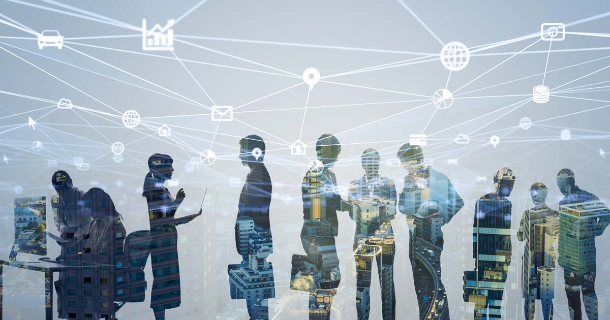 visuel générique illustrant les interactions dans la recherche d'emploi et la présence toile de fond des technologies du numérique