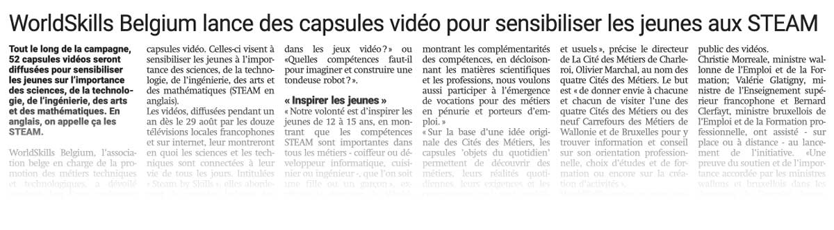 Extrait de presse, La Capitale : "WorldSkills Belgium lance des capsules vidéo pour sensibiliser les jeunes aux STEAM