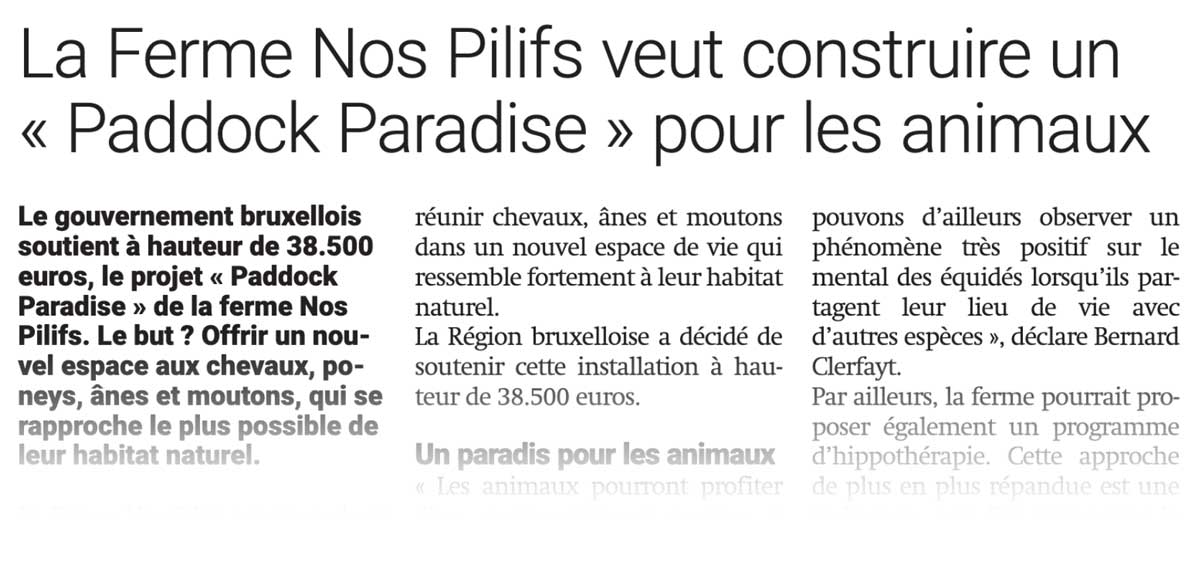 Extrait de presse, La Capitale : "La ferme Nos Pilifs veut construire un "Paddock Paradise" pour les animaux