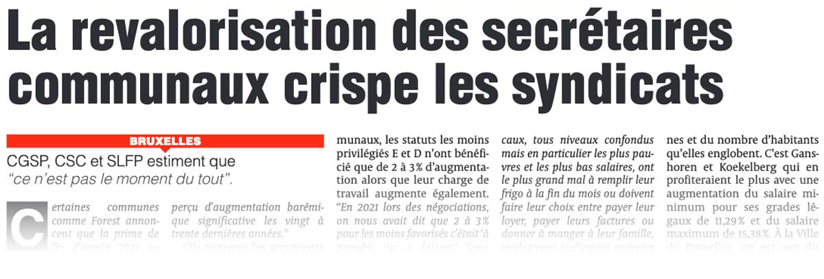 Extrait de presse, La Dernière Heure : "La revalorisation des secrétaires communaux crispe les syndicats"